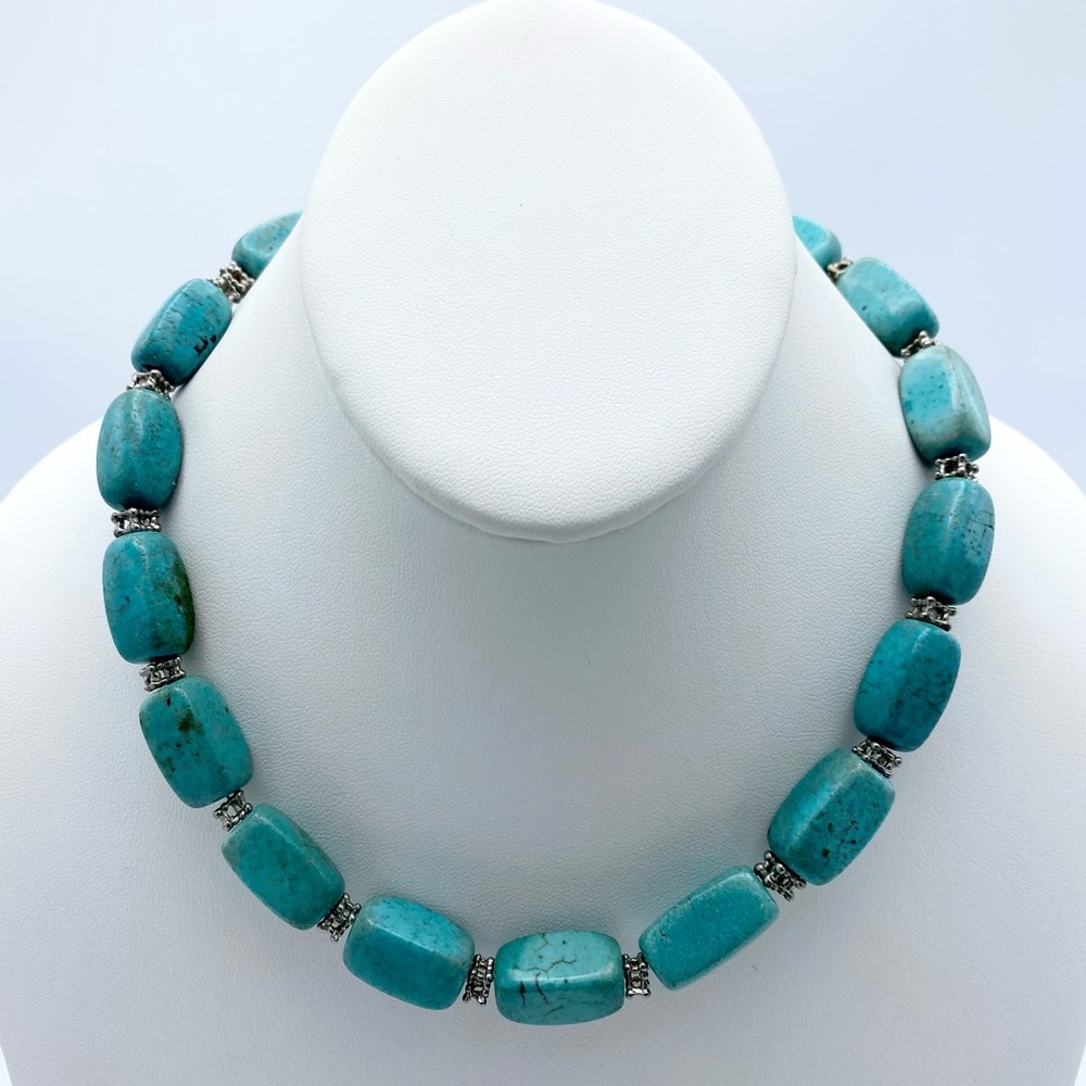 Faux Turquoise Stone Southwestern Tribal Inspired Silver Tone Spacer Necklace
